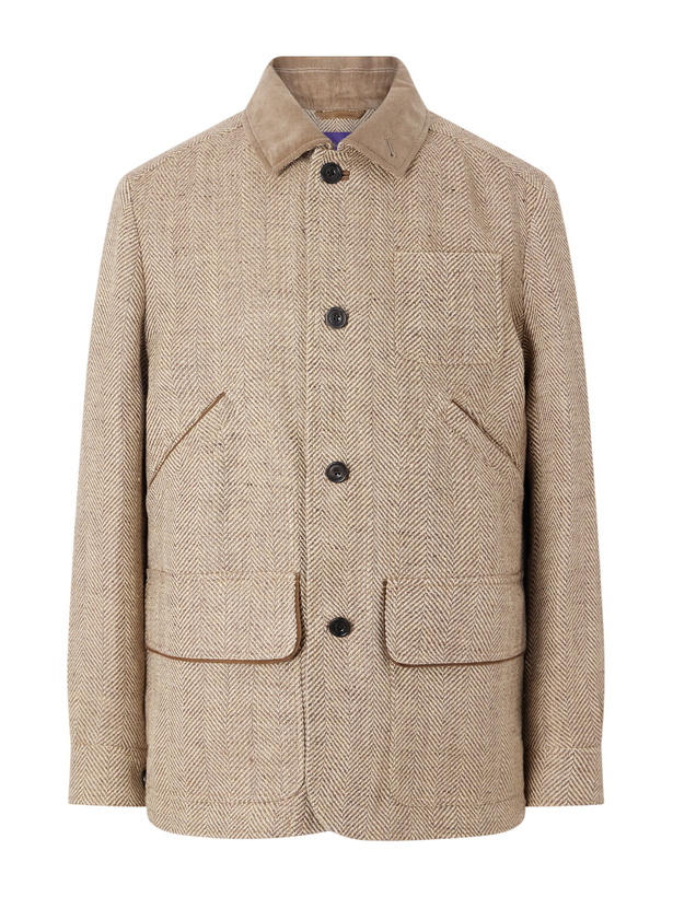 Photo: Ralph Lauren Purple label - Corduroy and Suede-Trimmed Herringbone Linen Field Jacket - Brown