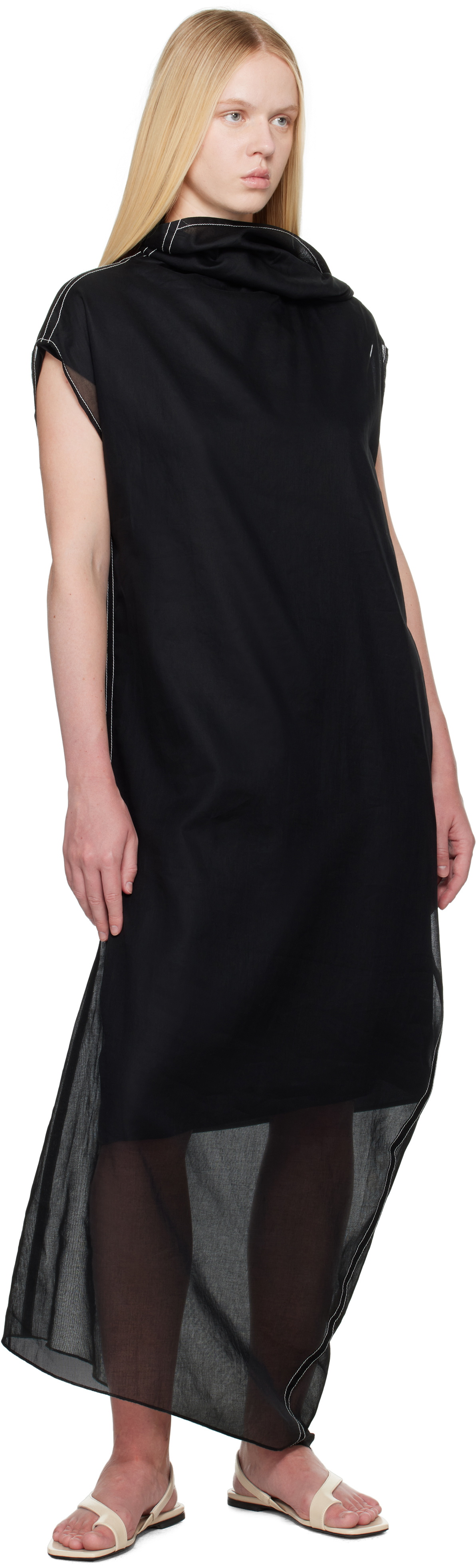 Carven Black Sheer Scarf Organdie Maxi Dress