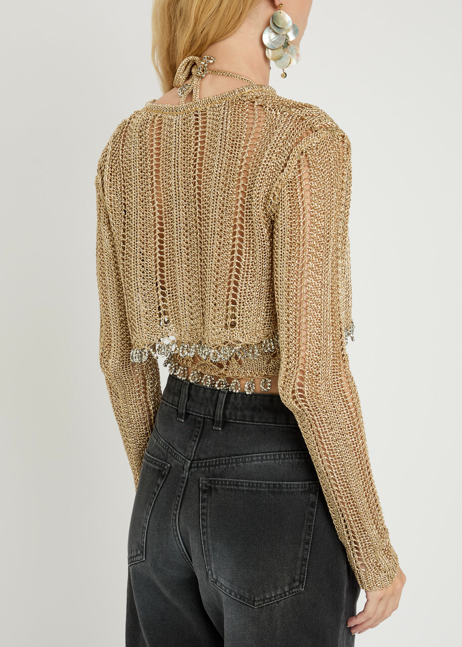 Rabanne Bead-embellished Metallic Crochet Cardigan Gold