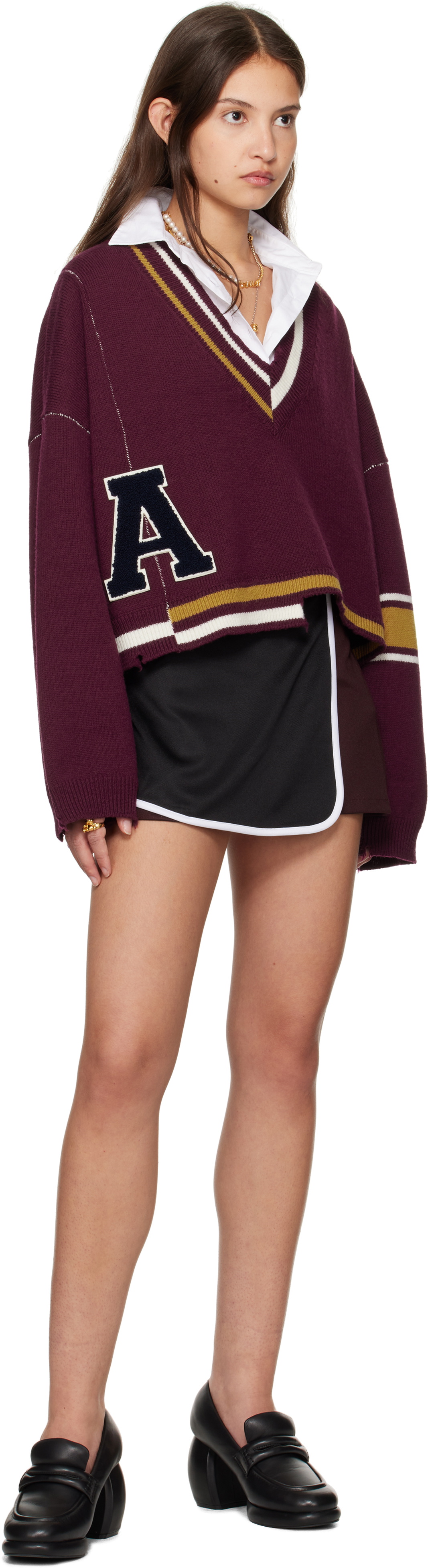 AMBUSH Burgundy Damaged Rib V-Neck Sweater