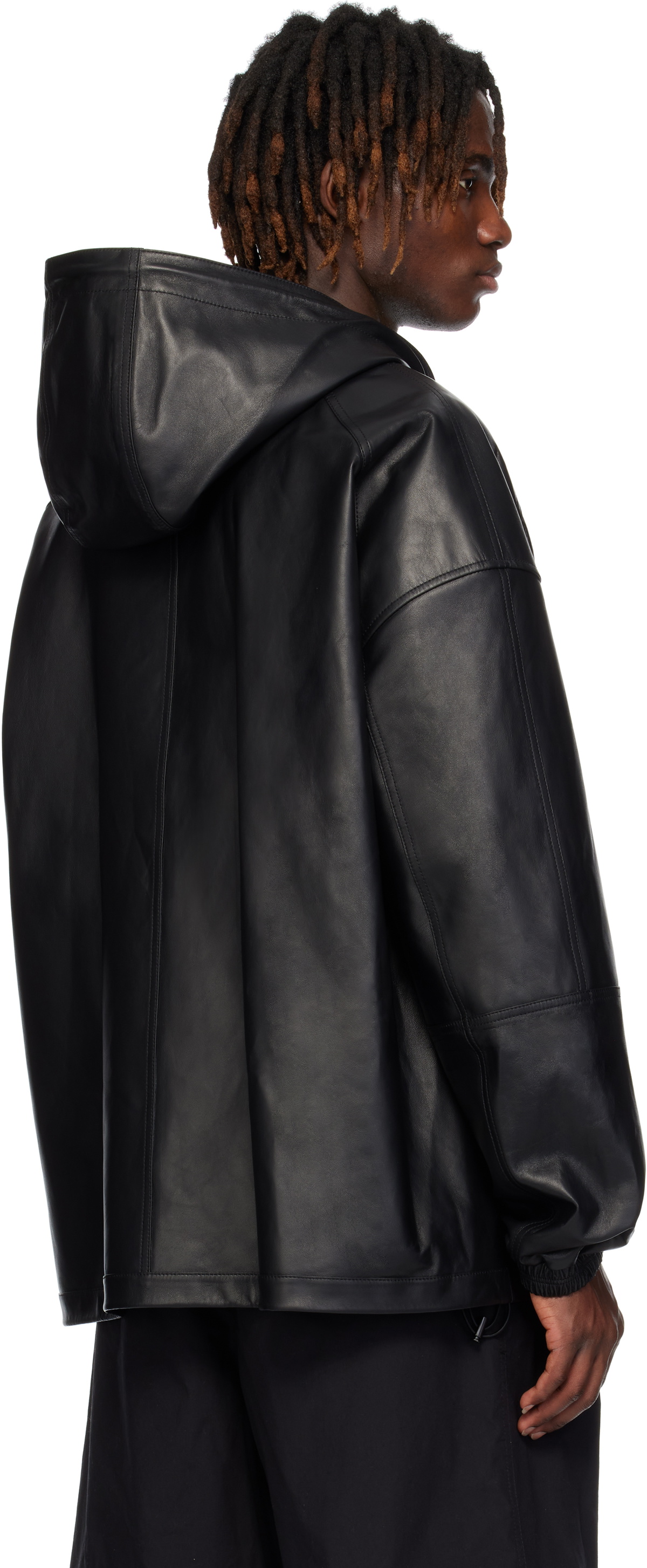 Juun.J Black Hood Zip-Up Leather Jacket
