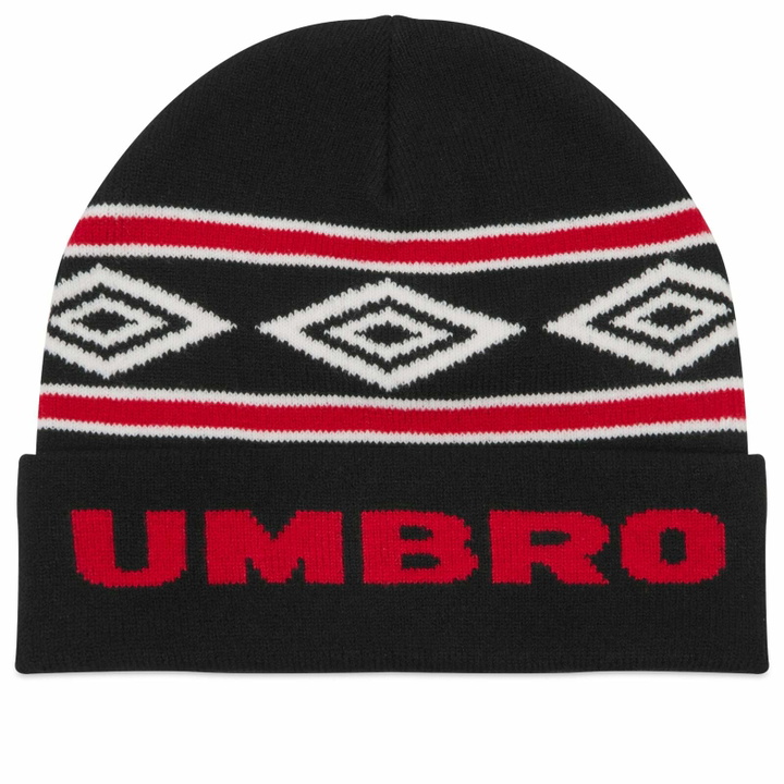 Photo: Umbro Men's Diamond Intarsia Knit Beanie in Black/Chili Pepper/White 