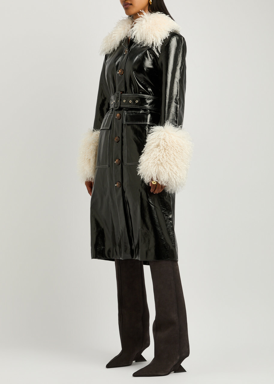 Kitri Simone Faux Shearling-trimmed Vinyl Coat Black