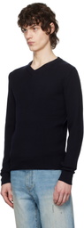 Tonywack Navy Super Fine Wool Ribbed V-Neck Sweater