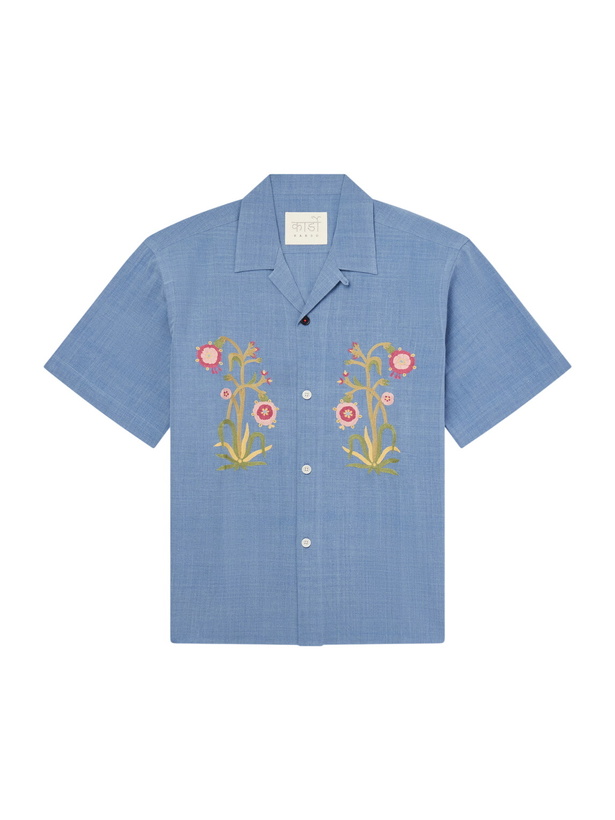 Photo: Kardo - Ronen Convertible-Collar Embroidered Cotton Shirt - Blue