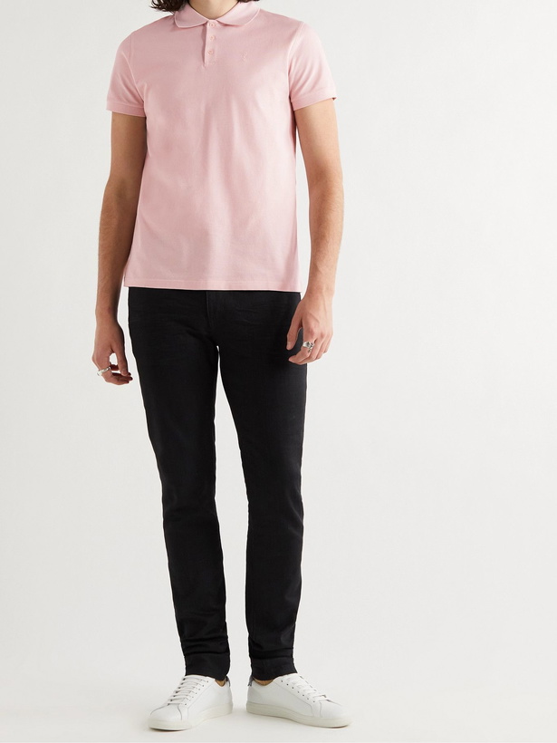 Photo: SAINT LAURENT - Slim-Fit Logo-Embroidered Cotton-Piqué Polo Shirt - Pink