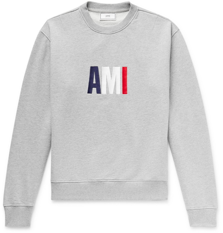Photo: AMI - Slim-Fit Logo-Embroidered Loopback Cotton-Jersey Sweatshirt - Gray