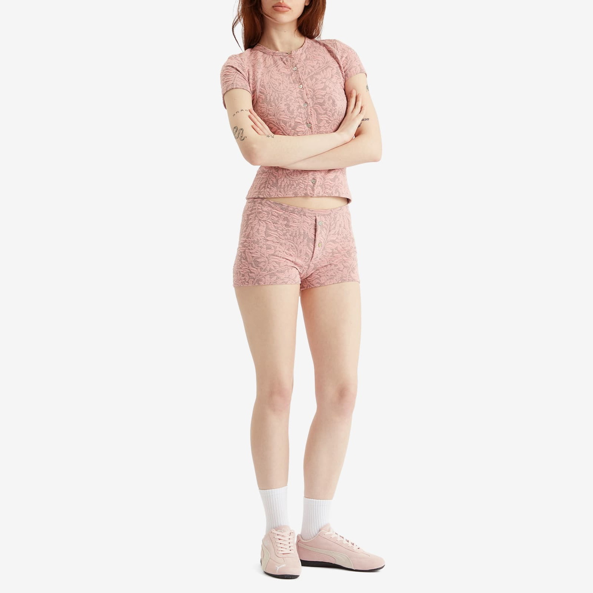 Fruity Booty Women's Posy Jaquard Short Sleeve Top in Pink/Grey