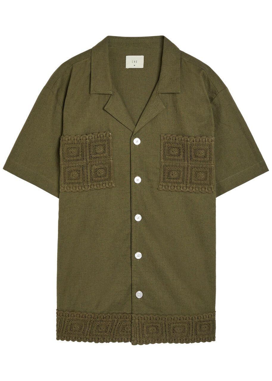 Che Inigo Crochet-trim Cotton and Linen-blend Shirt Dark Green