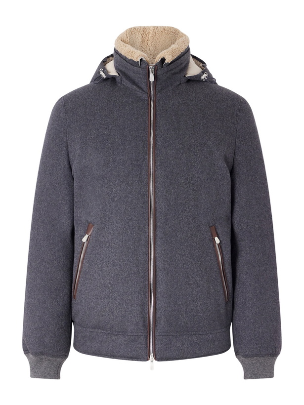 Photo: Brunello Cucinelli - Shearling-Trimmed Wool Hooded Down Jacket - Gray