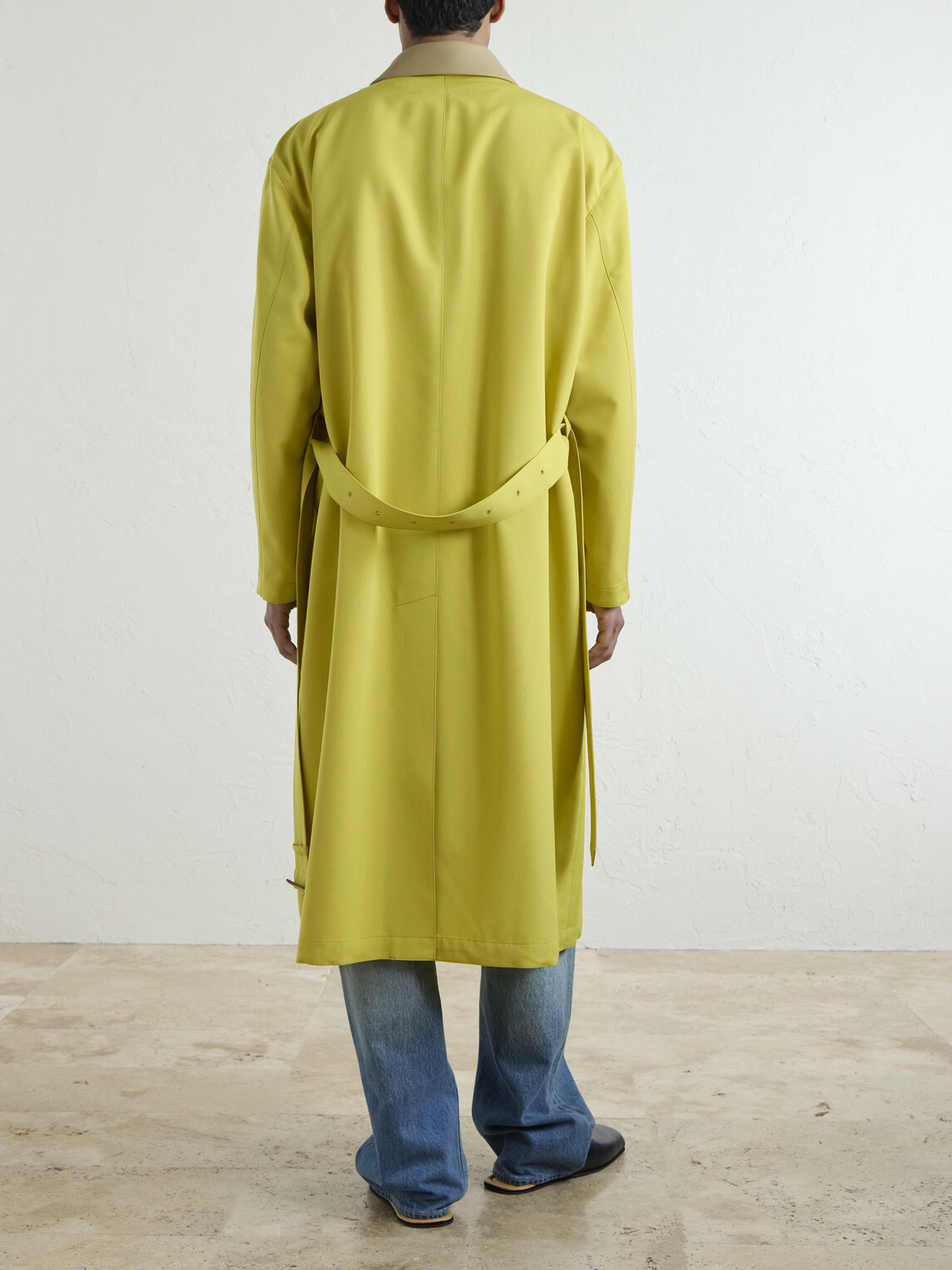Auralee - Belted Leather-Trimmed Wool-Canvas Trench Coat - Yellow