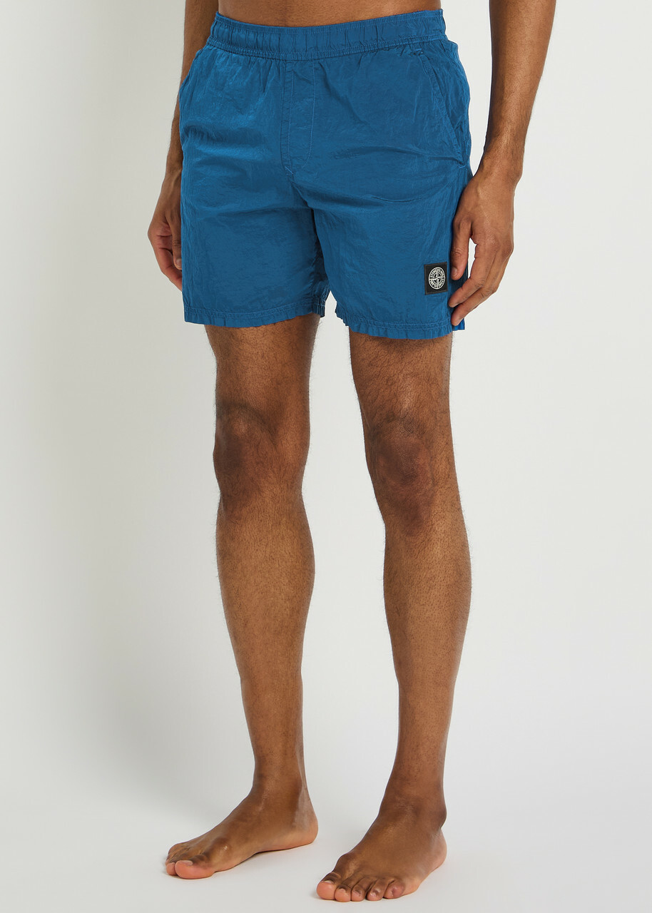 Stone Island Logo Crinkled Nylon Swim Shorts Blue