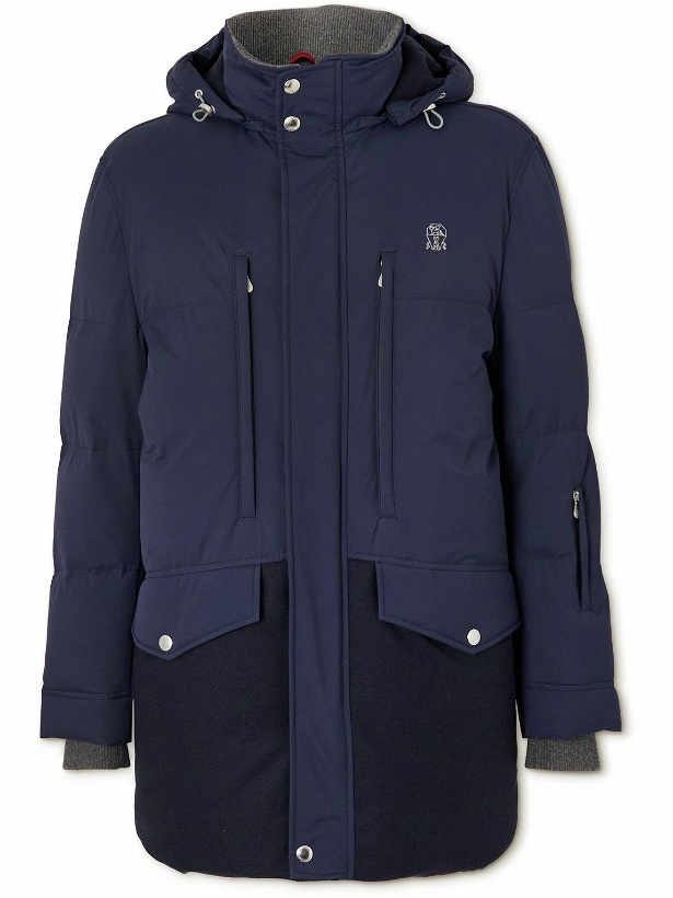 Photo: Brunello Cucinelli - Panelled Quilted Wool-Blend and Shell Hooded Down Jacket - Blue