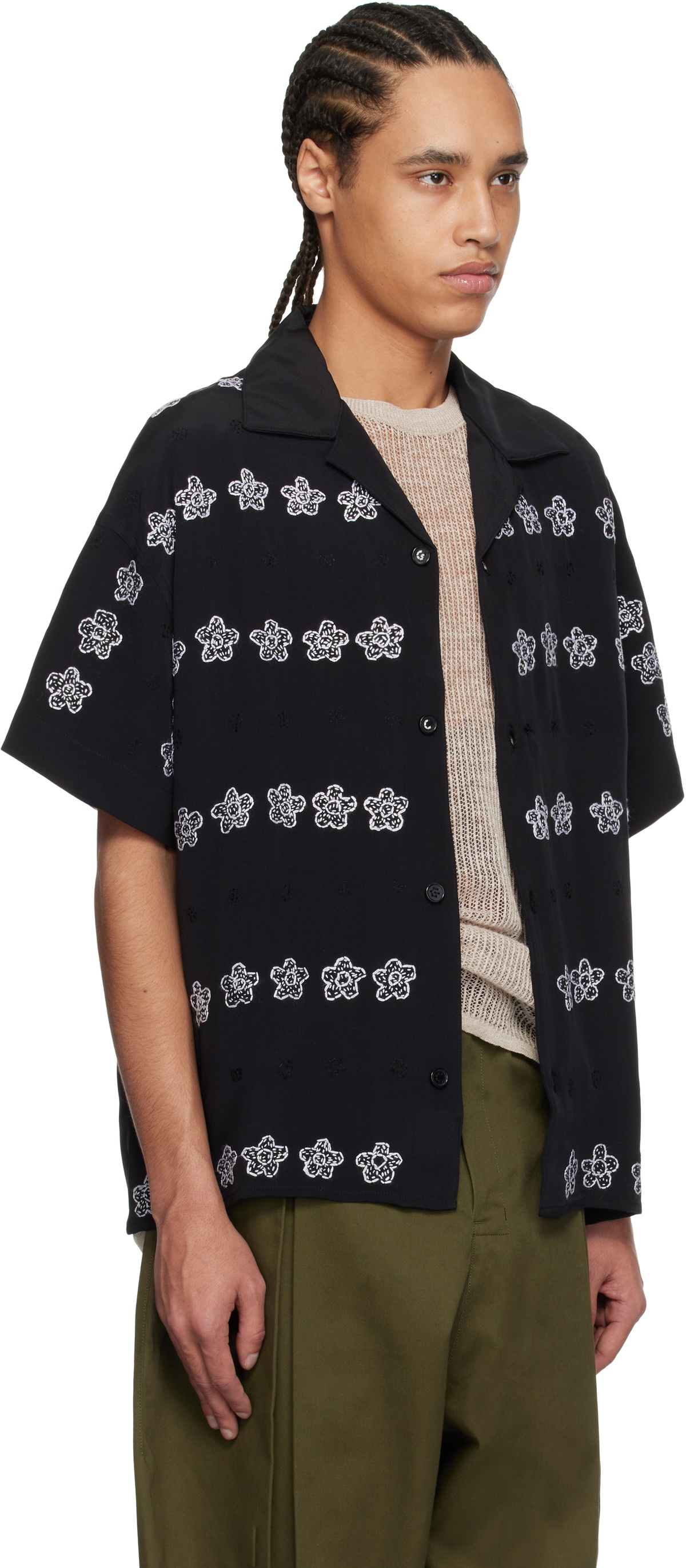 Glass Cypress Black Silk Flower Bowling Shirt