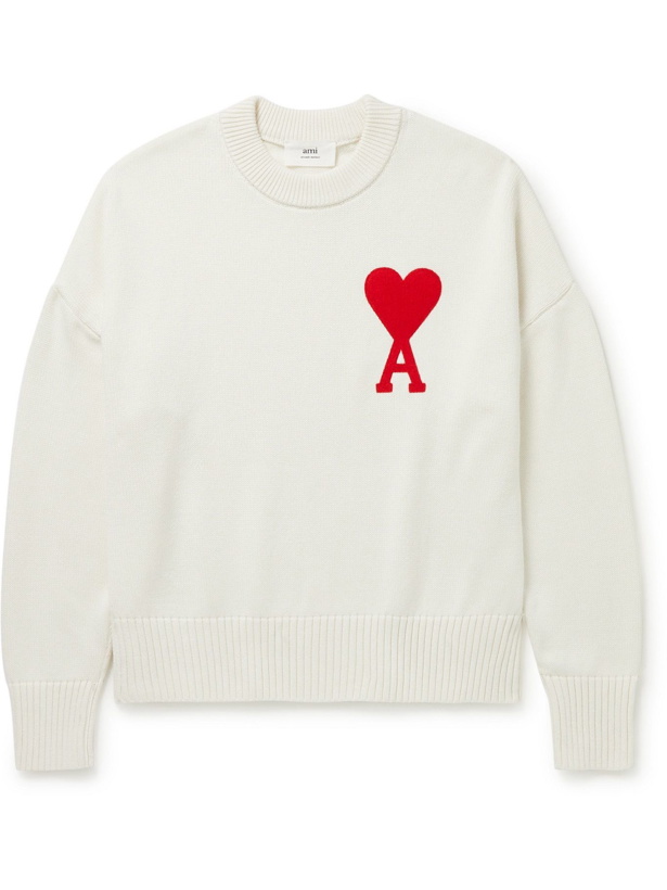 Photo: AMI PARIS - Logo-Embroidered Organic Cotton and Wool-Blend Sweater - White
