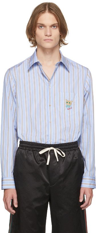 Photo: Gucci Blue & Beige Striped Cat Patch Boxy Shirt