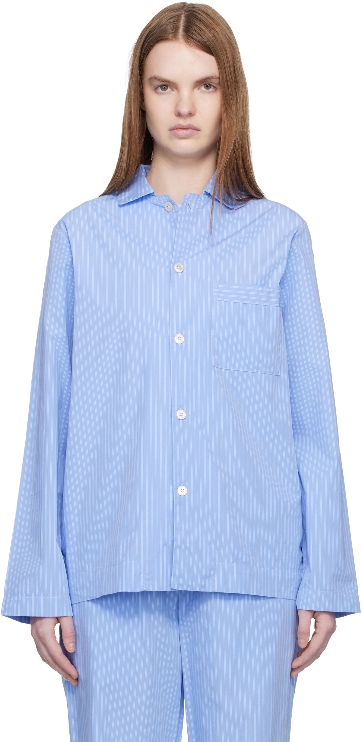 Tekla Blue Poplin Long-Sleeved Pyjama Shirt