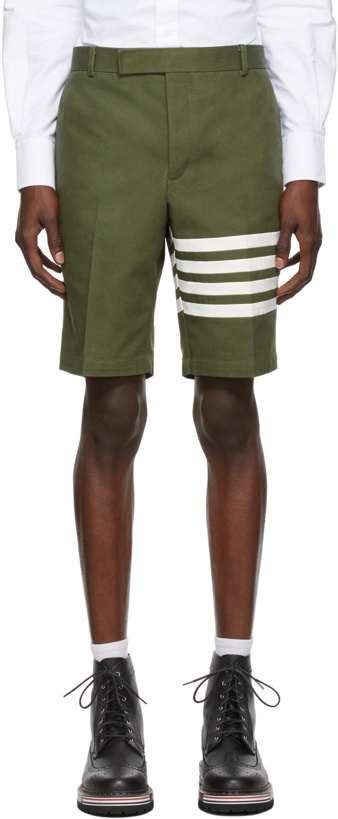 Photo: Thom Browne Green Washed Canvas 4-Bar Unconstructed Chino Shorts