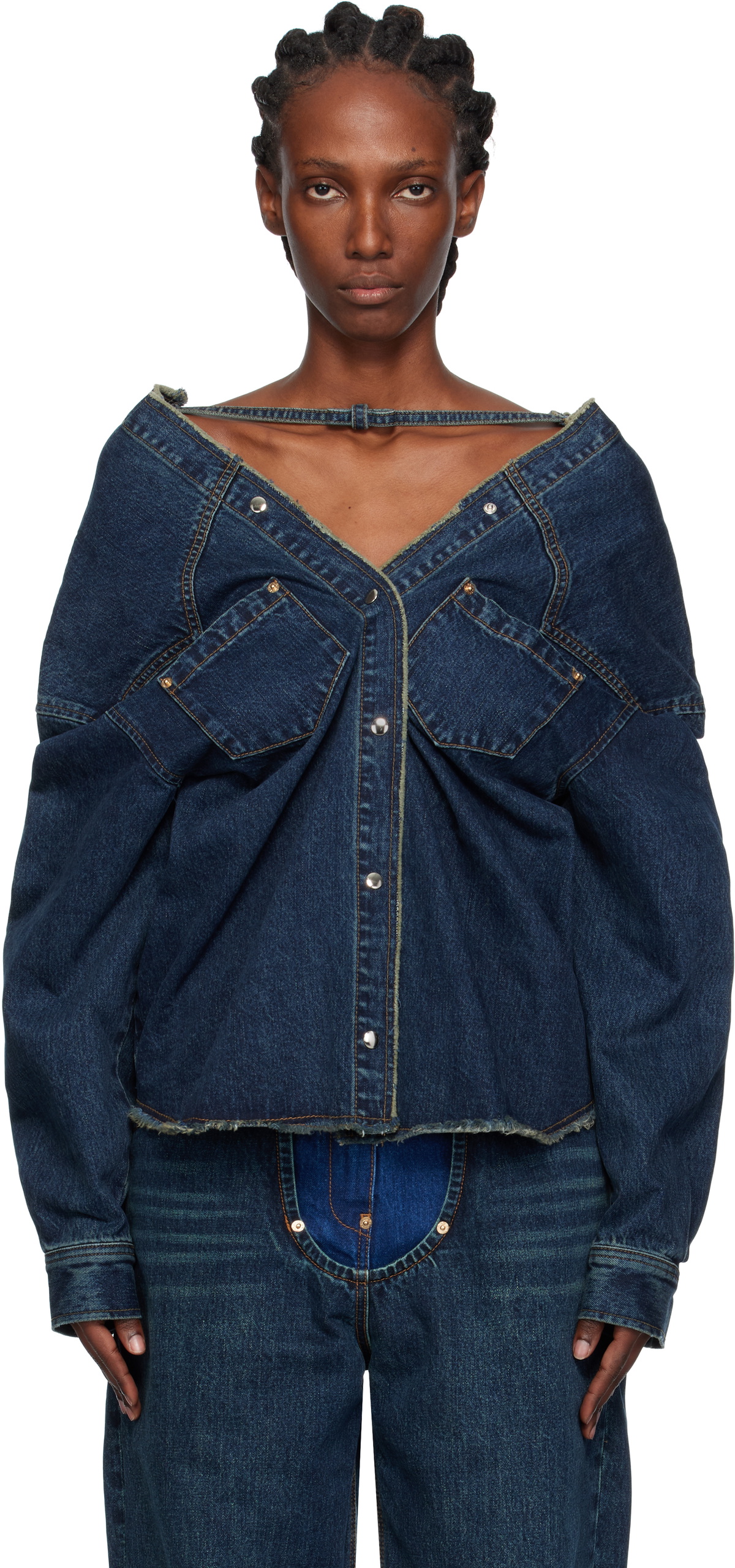 Pushbutton Navy Strap Point Denim Top