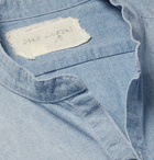 Greg Lauren - Grandad-Collar Panelled Cotton-Chambray and Checked Canvas Shirt - Blue