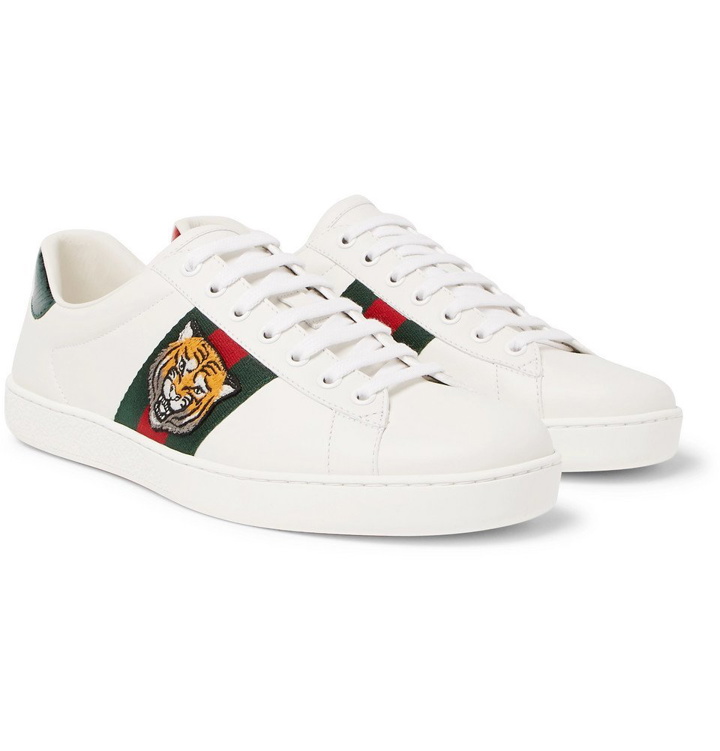 Photo: Gucci - Ace Watersnake-Trimmed Embroidered Leather Sneakers - Men - White