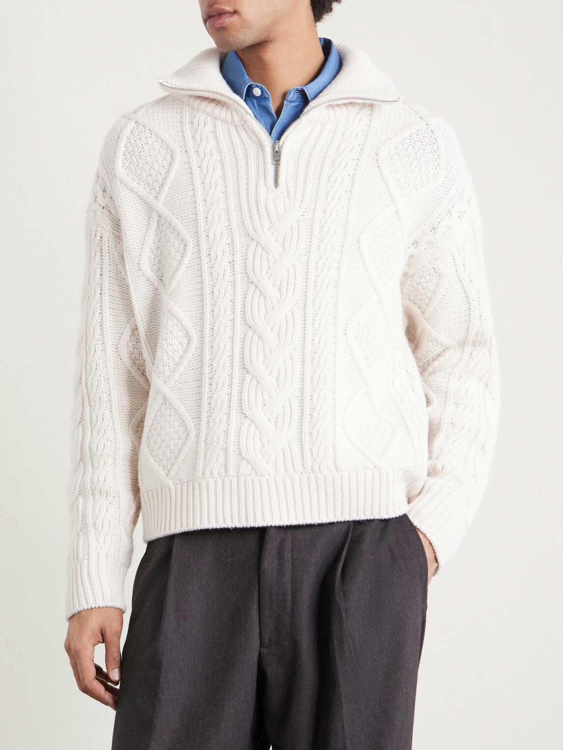 FRAME - Cable-Knit Wool and Cashmere-Blend Half-Zip Sweater - Neutrals