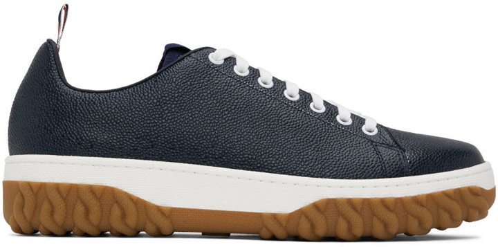 Photo: Thom Browne Navy Cable Knit Court Low-Top Sneakers