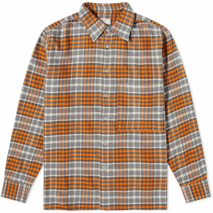 Photo: Universal Works Men's Brushed Flannel Square Pocket Shirt in Grey/Orange Check