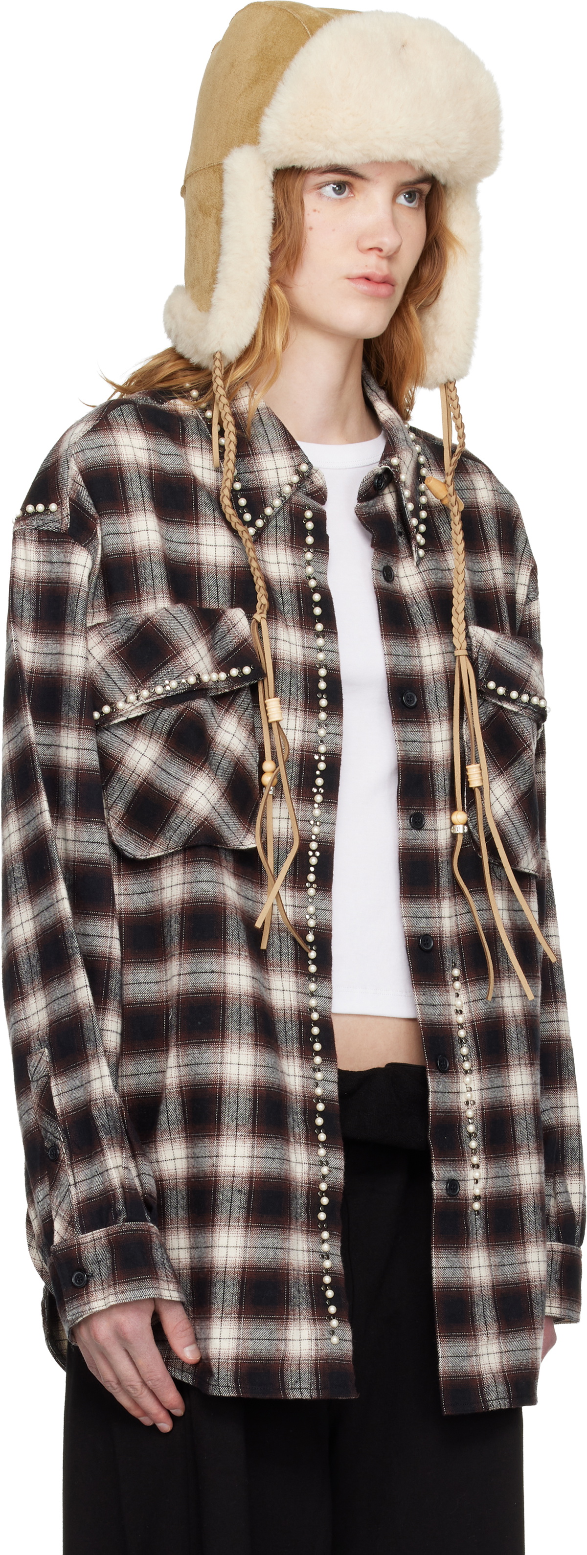 OPEN YY Brown & White Beaded Pocket Shirt