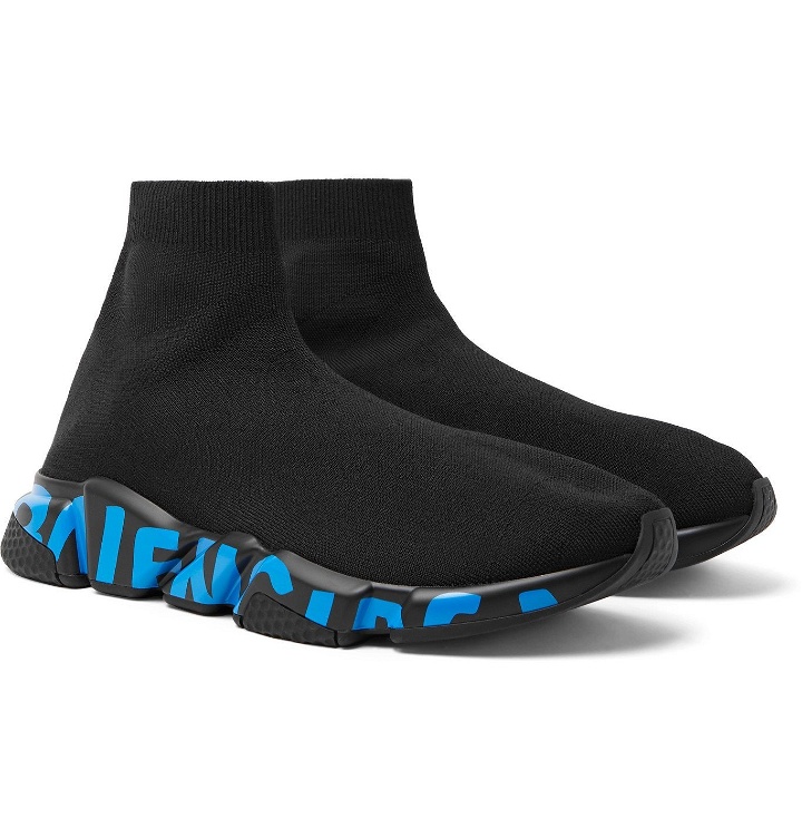Photo: BALENCIAGA - Speed Sock Logo-Print Stretch-Knit Slip-On Sneakers - Black