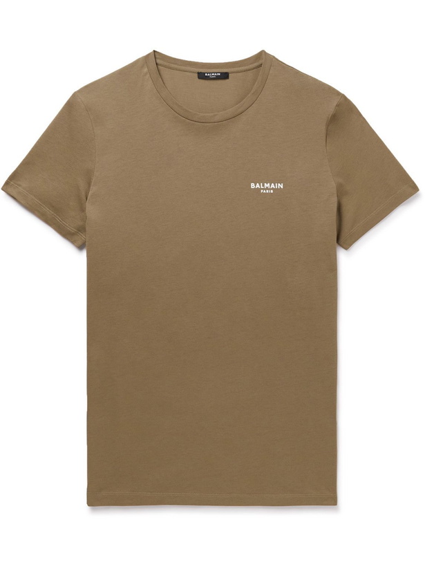 Photo: Balmain - Logo-Flocked Cotton-Jersey T-Shirt - Brown