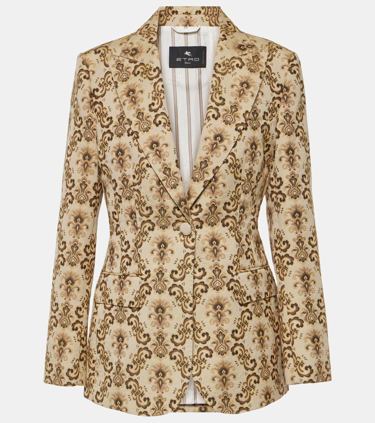 Buy Gold Viscose Lapel Collar Leopard Jacquard Weave Blazer For