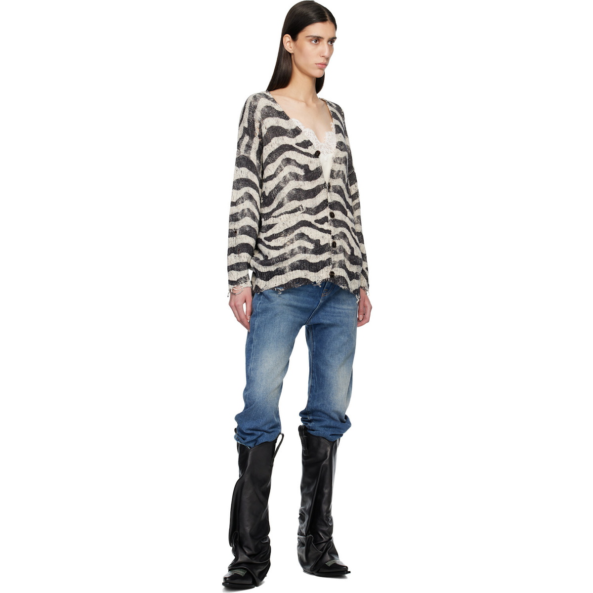R13 Off-White & Black Printed Oversized Cardigan