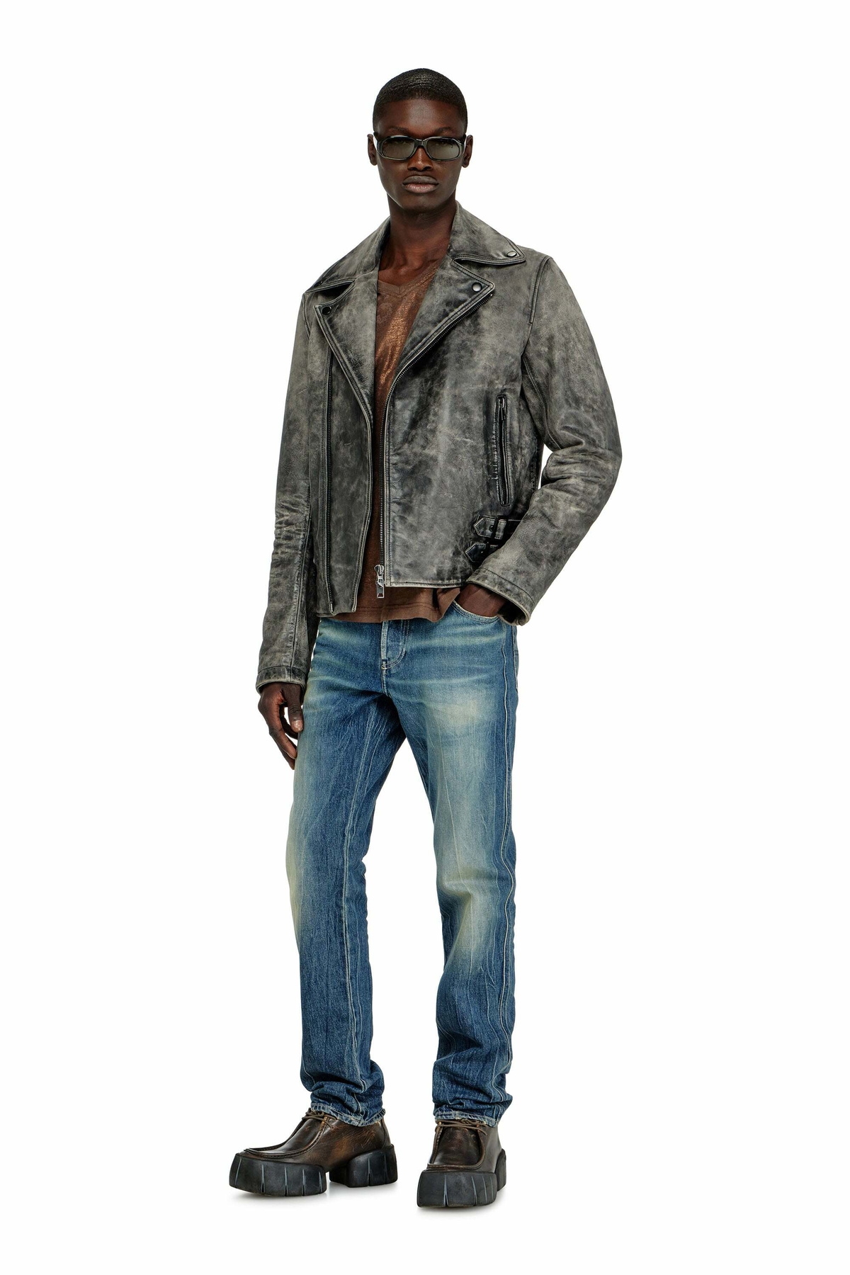 Diesel Biker jacket in treated leather - Leather jackets Mens in Grey