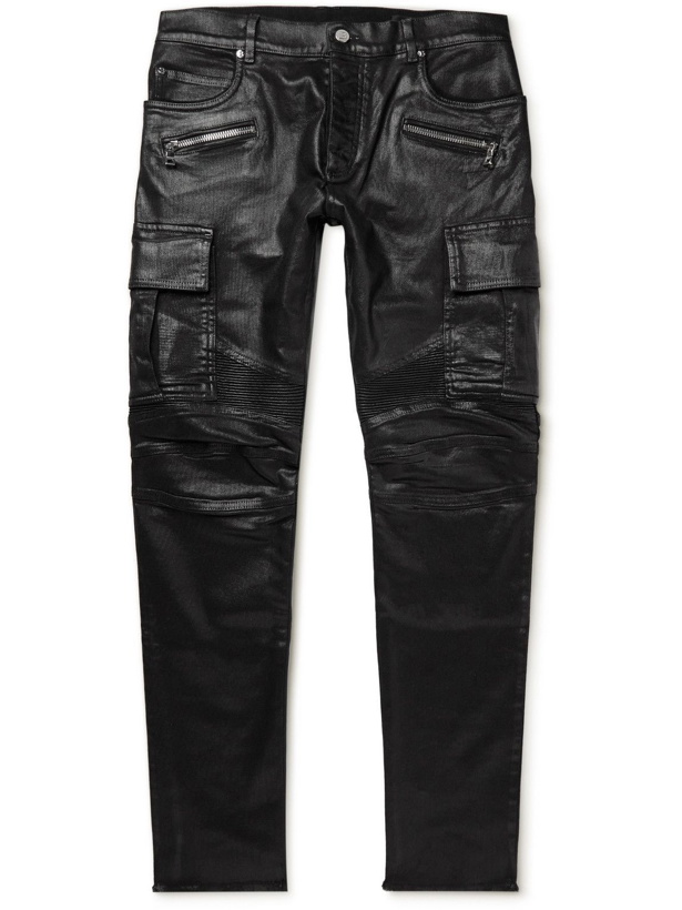Photo: Balmain - Slim-Fit Tapered Panelled Ribbed Coated Cargo Jeans - Black