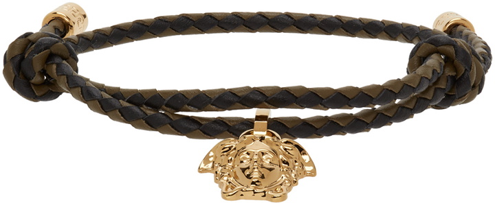 Photo: Versace Black & Khaki Braided Leather Medusa Bracelet