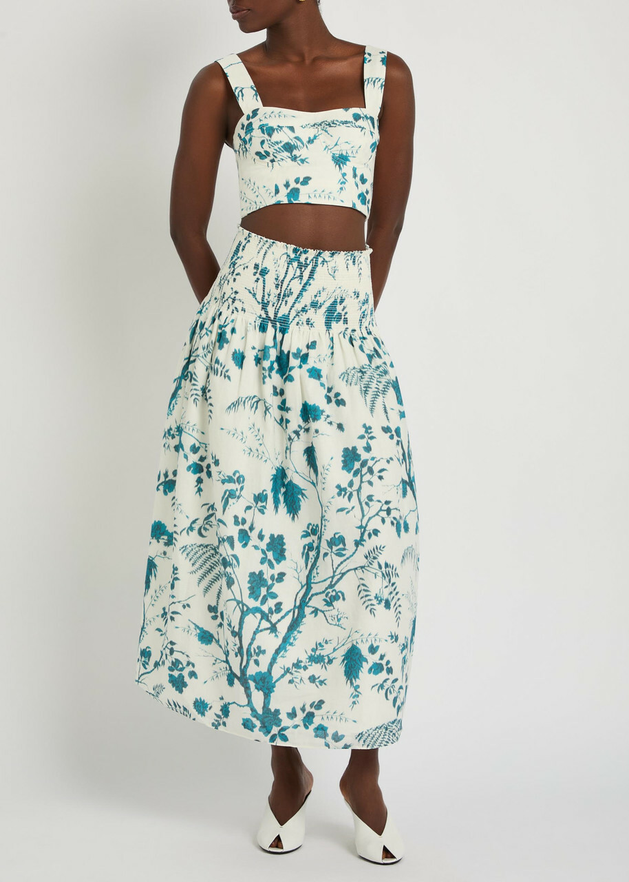 Erdem Floral-print Cotton and Linen-blend Midi Skirt Blue