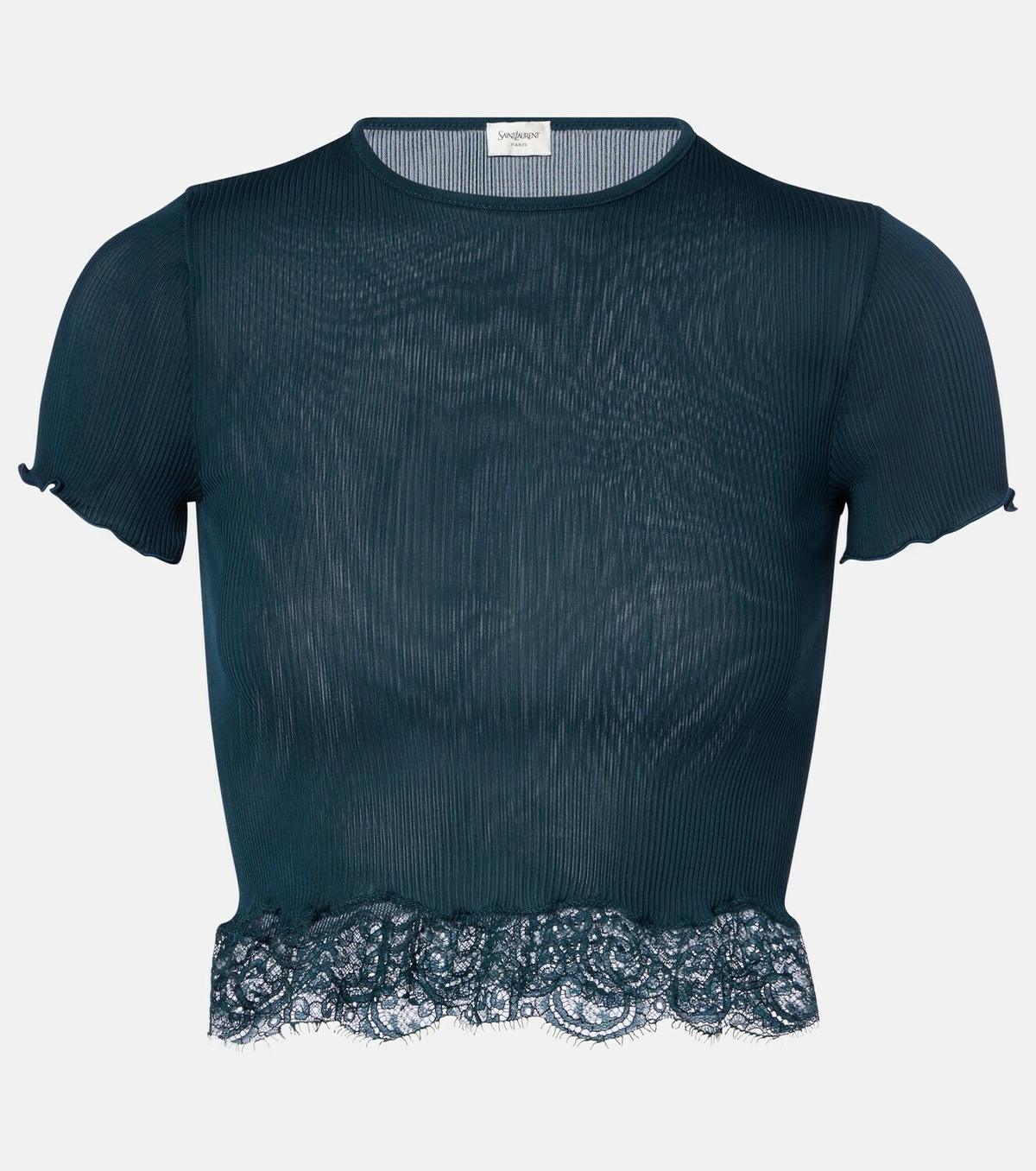 Saint Laurent Lace-trimmed cropped silk T-shirt