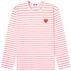 Comme des Garçons Play Men's Long Sleeve Red Heart Stripe T-Shirt in Pink