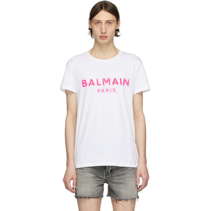 Photo: Balmain White and Pink Silicone Logo T-Shirt