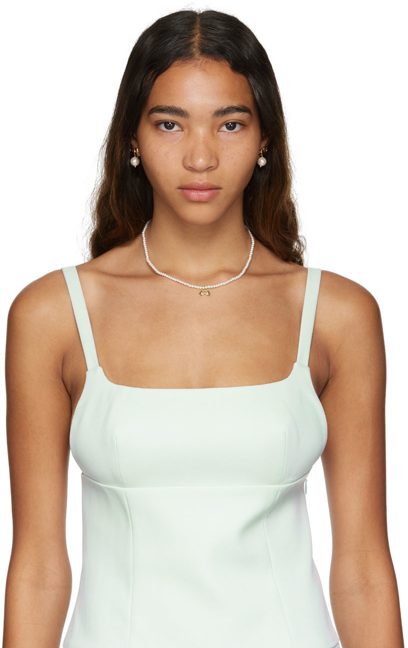 ●●NUMBERING●●Small Ribbon Neckless #7734 Numbering White Pearl Mini Ribbon Necklace Numbering