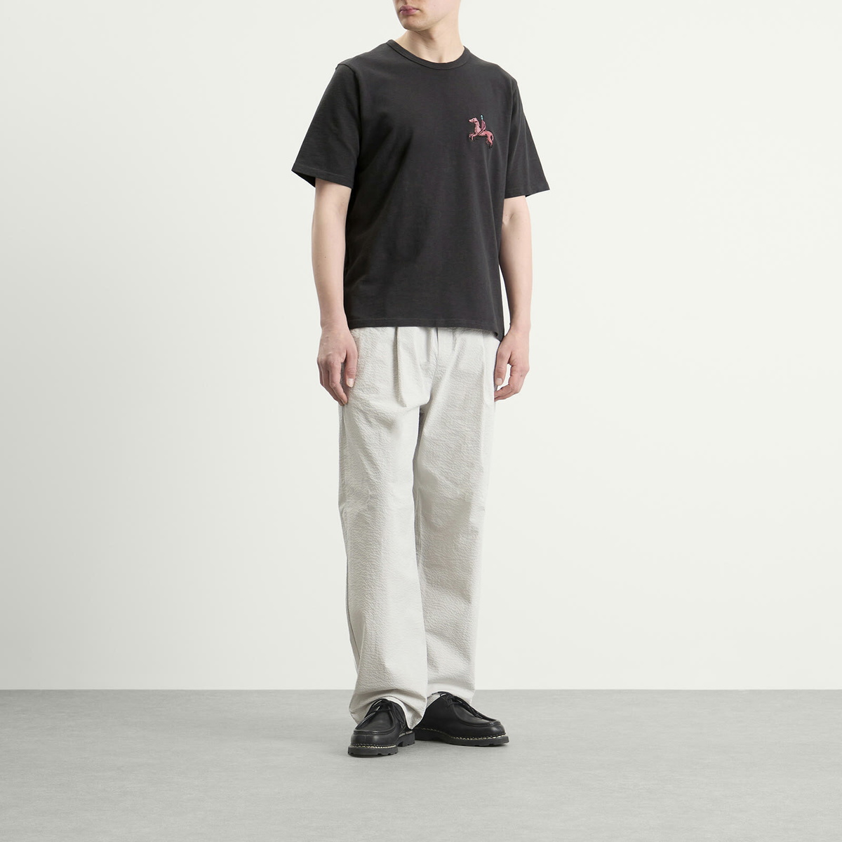 Folk Men's Slub Embroidery T-Shirt in Ecru Black Carousel