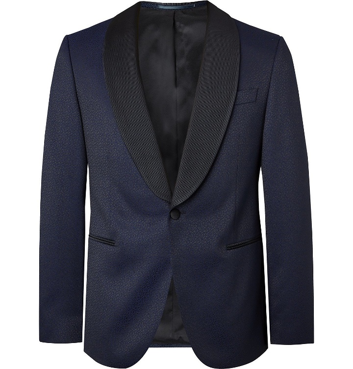 Photo: HUGO BOSS - Nikan Slim-Fit Shawl-Collar Silk Satin-Trimmed Jacquard Tuxedo Jacket - Blue