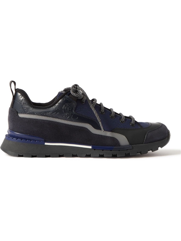 Photo: Berluti - Fast Treck Suede-Trimmed Scritto Venezia Leather and Nylon Sneakers - Blue