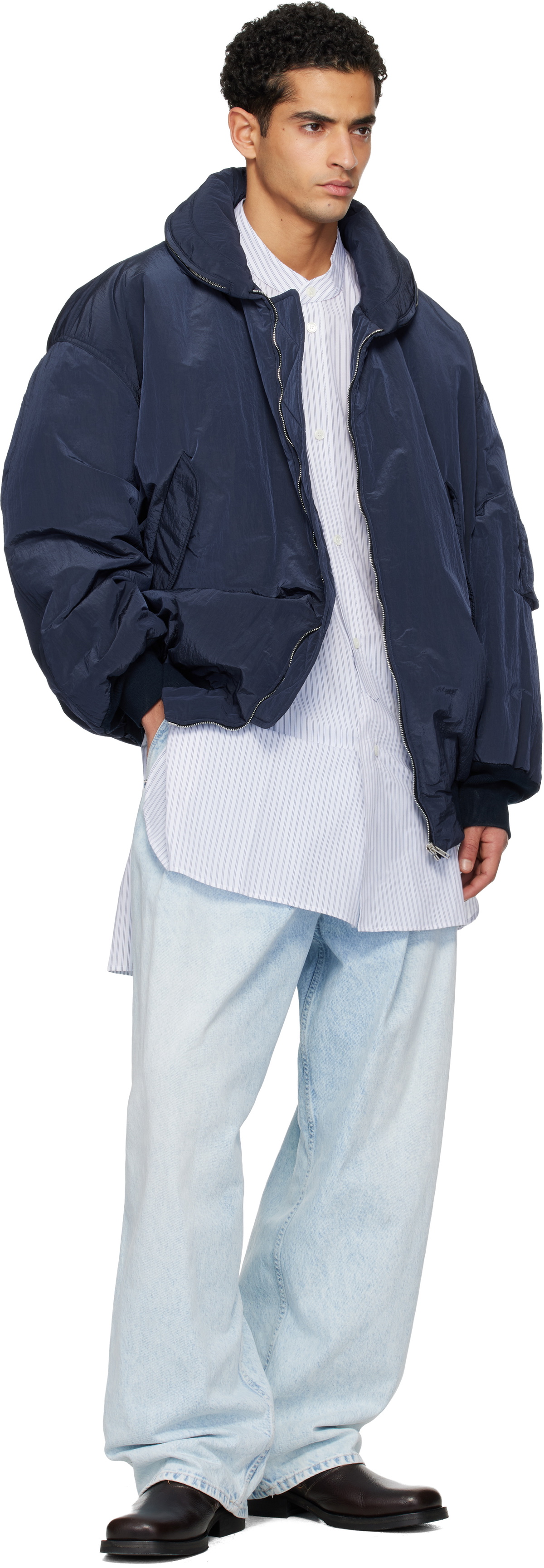 Hed Mayner Blue Light Wash Pleated Jeans