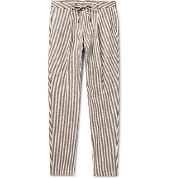 Photo: Beams F - Tapered Pleated Striped Cotton-Blend Seersucker Drawstring Trousers - Men - Beige