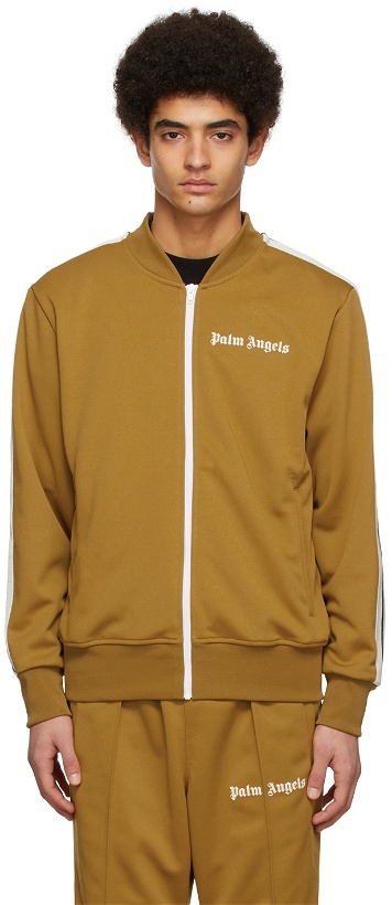 Photo: Palm Angels Tan Jersey Zip-Up Sweater