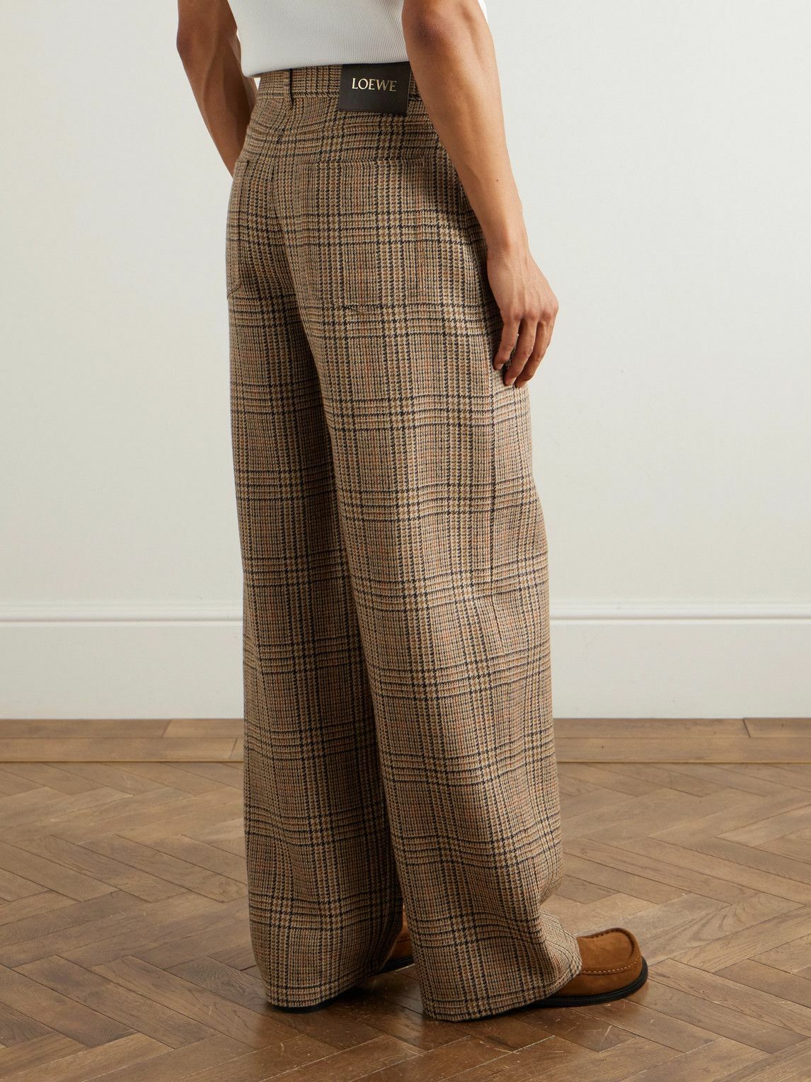 LOEWE - Leather-Trimmed Prince of Wales Checked Wool Trousers - Neutrals