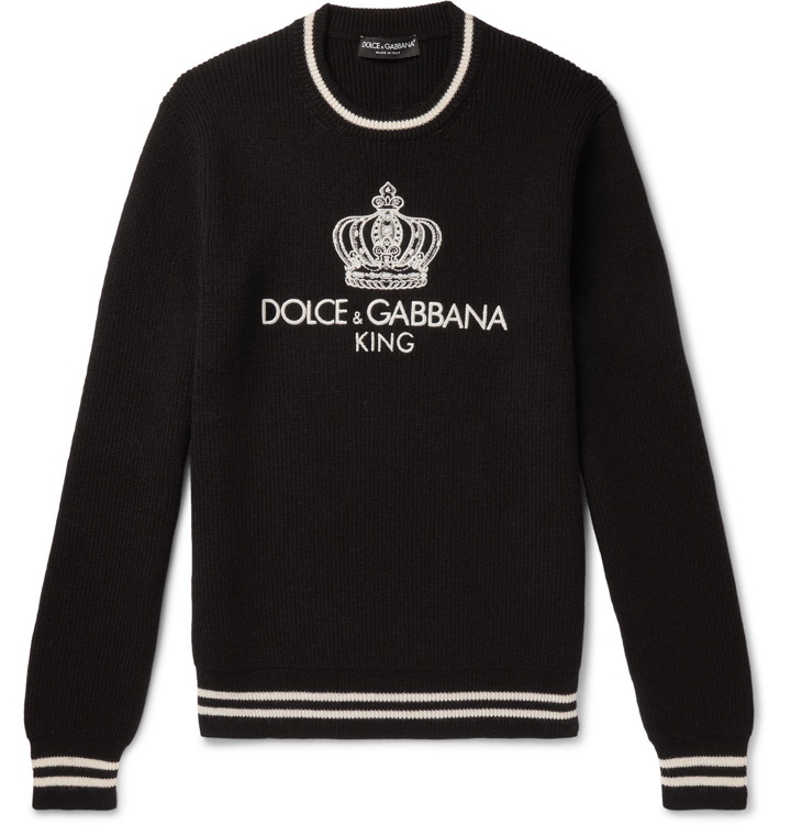 Photo: Dolce & Gabbana - Contrast-Tipped Logo-Embroidered Virgin Wool-Blend Sweater - Black