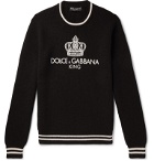 Dolce & Gabbana - Contrast-Tipped Logo-Embroidered Virgin Wool-Blend Sweater - Black